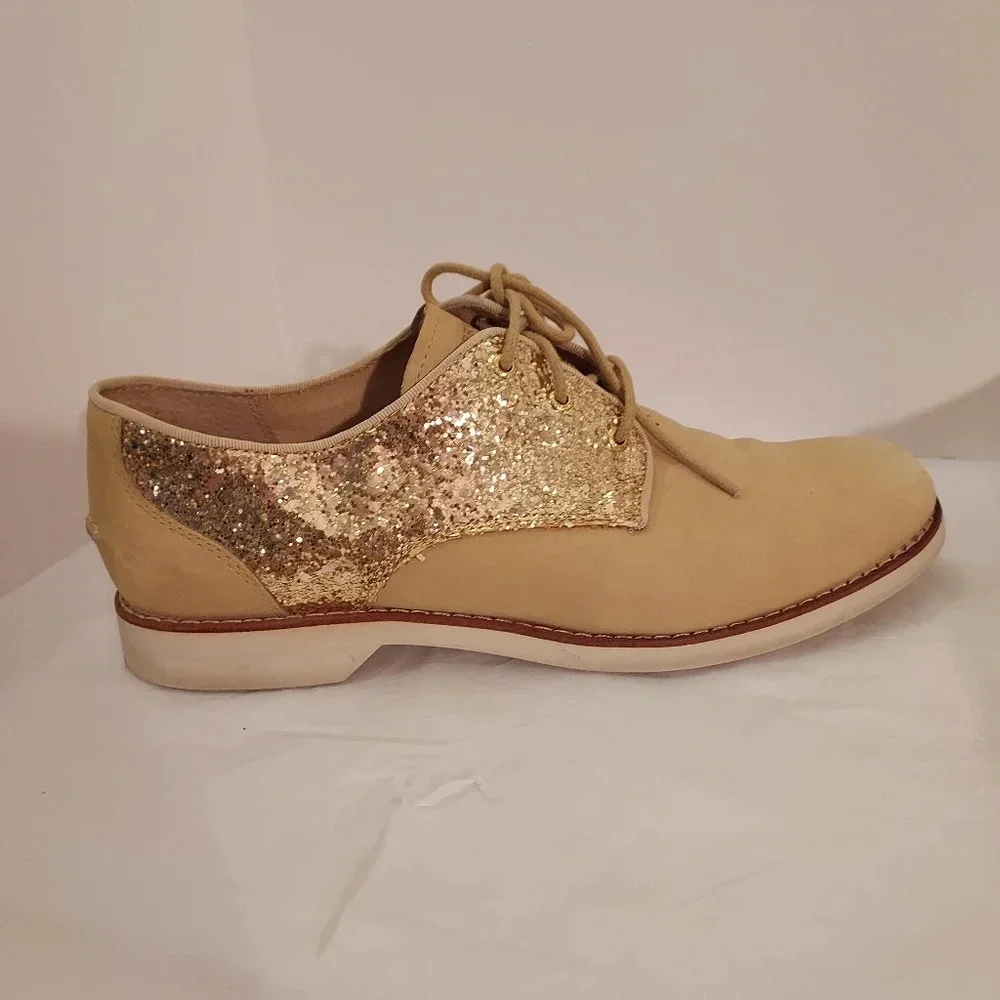 Sperry Top-Sider Beige and Gold Sequin Glitter Lace Up Oxford Shoes in Size 8.5M